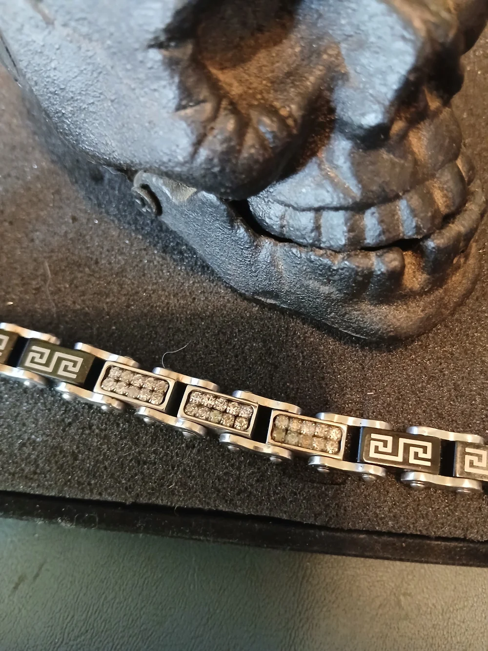 Men's Black and Silver Greek Key Bracelet with Crystal Accents